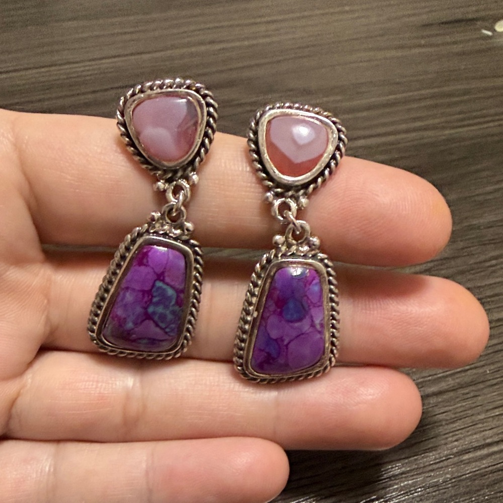 Vintage mexican sterling silver 925 Purple Stone Drop Earrings